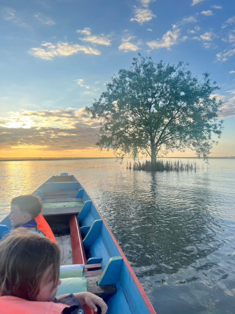 Two children in life jackets sitting in a wooden longtail boat moving toward a tree silhouetted against a golden sunrise on Thale Noi.