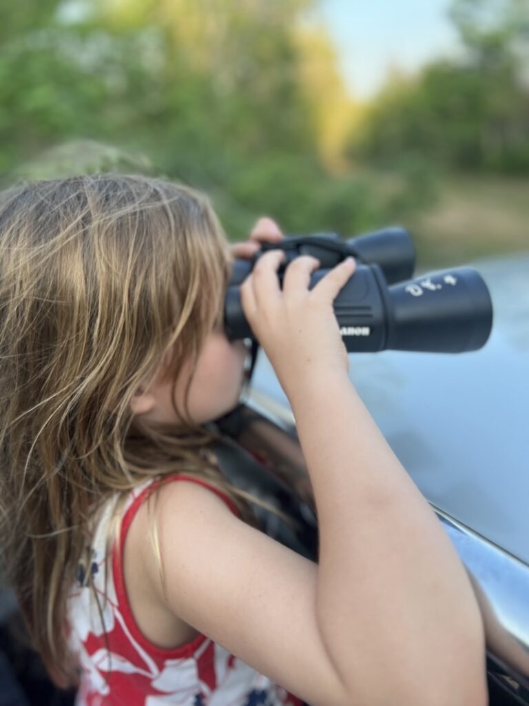 A child peering through large binoculars from the safari truck, looking out over the landscape during a wild elephant safari at Kui Buri National Park, Thailand.