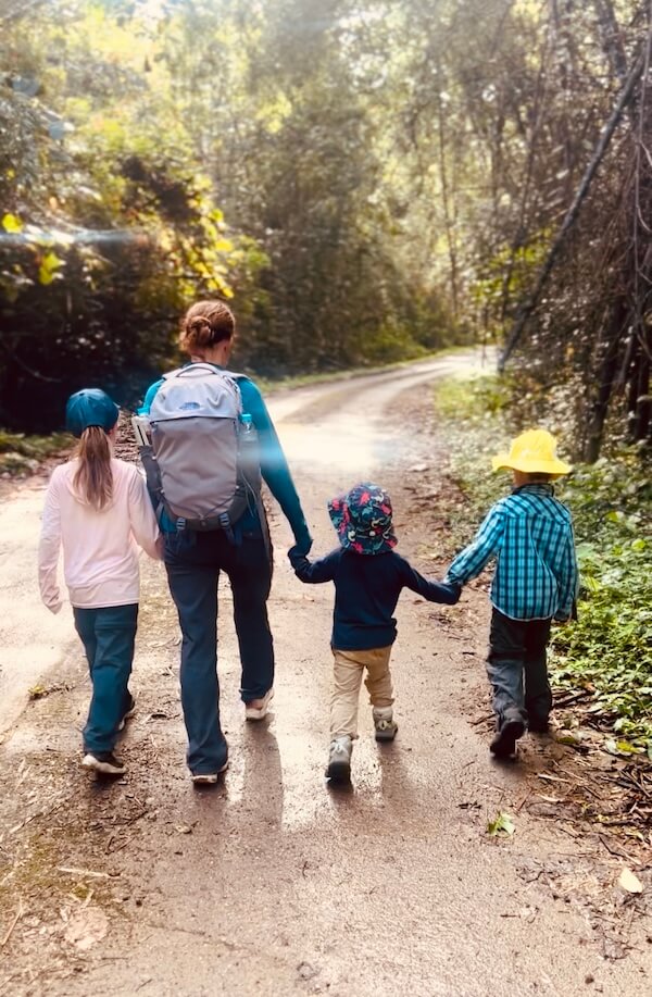 A mother and three young children seen from behind, holding hands as they walk down a shaded, sun-dappled dirt path in a lush forest.