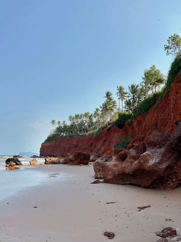A wide-angle landscape photo of the towering, reddish-brown laterite cliffs of Pha Daeng beach in Bang Saphan Noi, Thailand, with a line of coconut palm trees along the top edge.