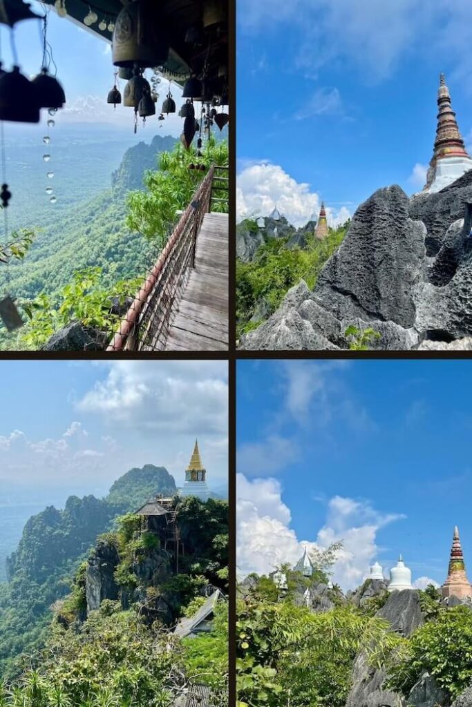 A four-paneled collage showing mountain views, golden chedis on limestone peaks, and temple bells at Wat Chaloem Phra Kiat.