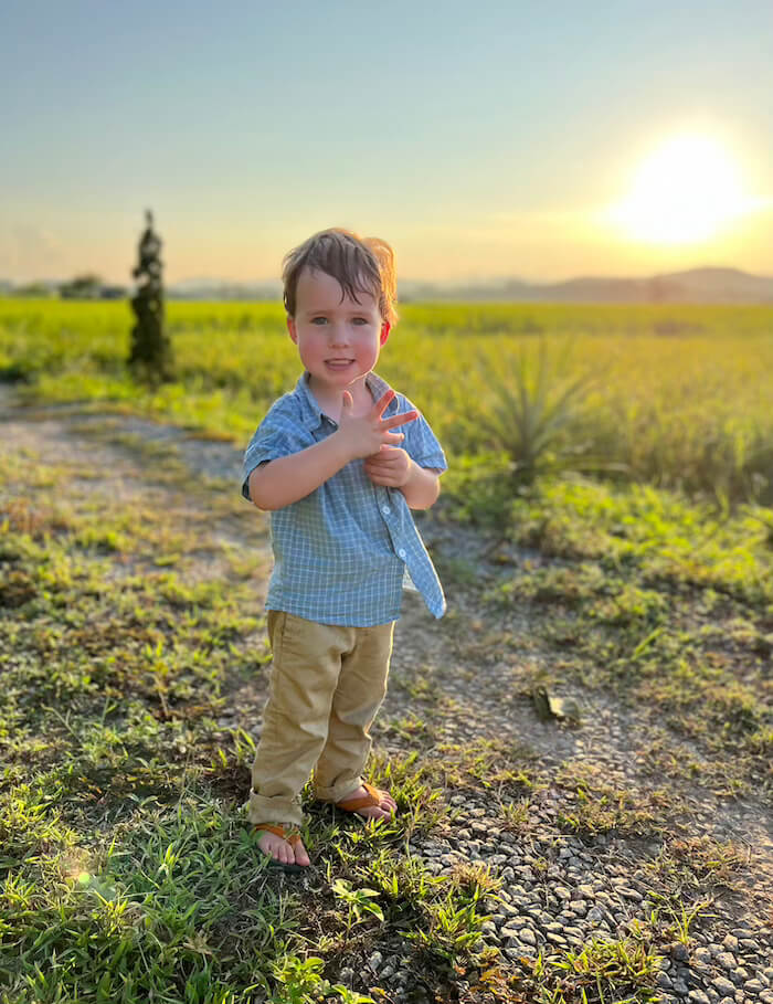 A young boy named Charlie standing on a gravel path in a green field at sunset, looking at his hand while exploring nature.