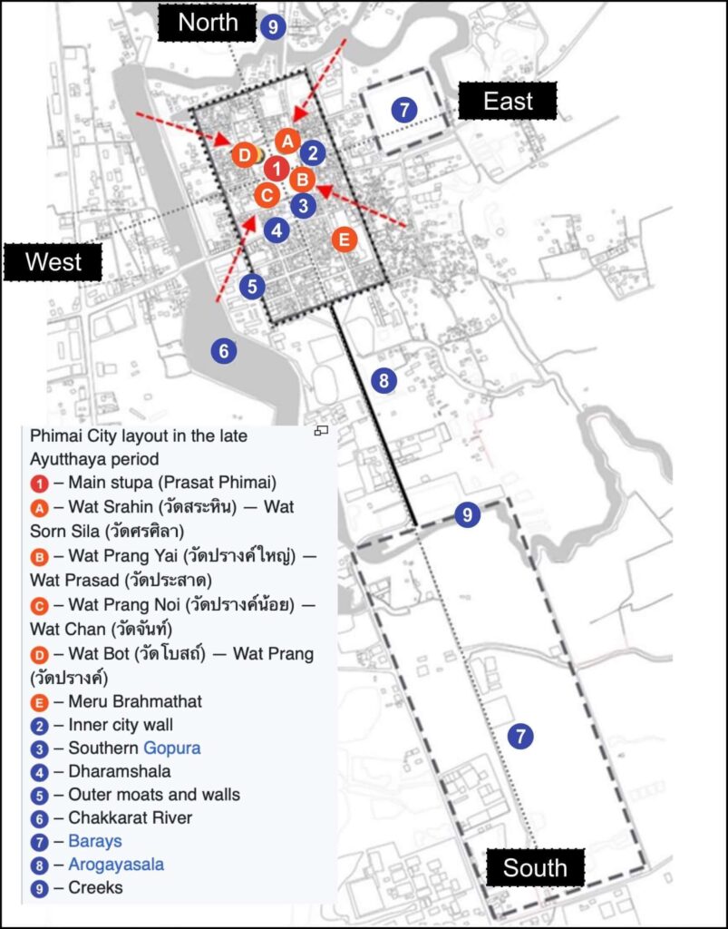 A map and legend describing the layout and major sites of the Phimai Historical Park.