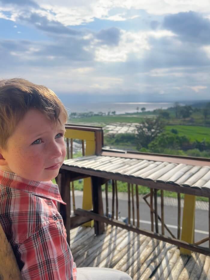A young boy in a red plaid shirt looking out at a vast landscape of green fields and water under a dramatic, cloudy sky.