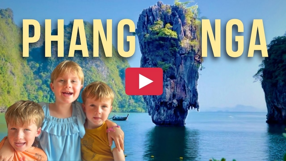 Thumbnail to YouTube video featuring three young children in front  of Phang Nga's "James Bond Island" - a needle of stone emerging straight from the sea.