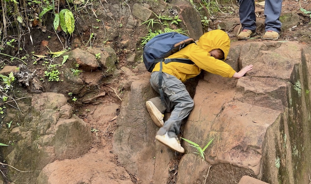 A young boy in a yellow jacket scrambling up steep rocky steps on a mountain trail