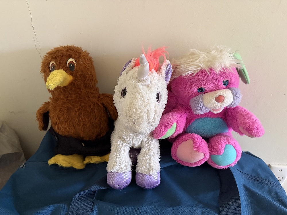A plush kiwi bird, a white unicorn, and a bright pink teddy bear lined up on top of a blue travel bag.