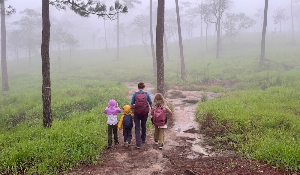 Mother and three children wearing rain jackets and backpacks hiking up a dirt trail through a foggy, grassy pine forest in Thailand.