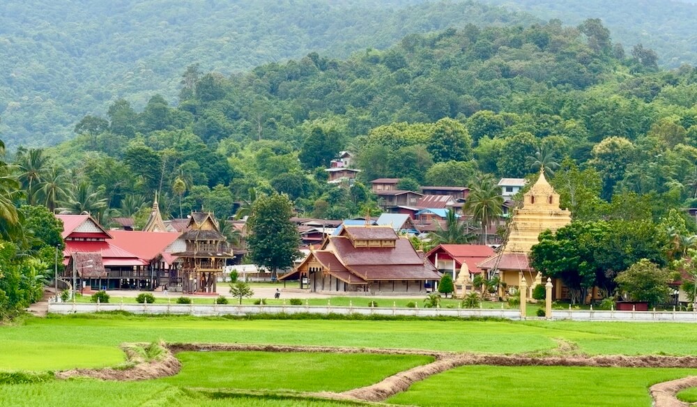 Vibrant green rice paddies in the foreground with traditional wooden temple structures of Wat Si Pho Chai set against lush green mountain hills in Loei, Thailand.